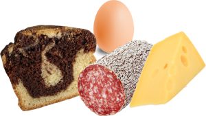 Ein Ei, Käse, Salami, ein Stück Kuchen, Stichwort abgelaufene Lebensmittel. (Symbolfoto)