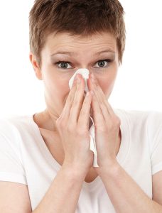 Der Kopf einer Frau, die sich die Nase putzt, Stichwort Influenza. (c) Pixabay.com