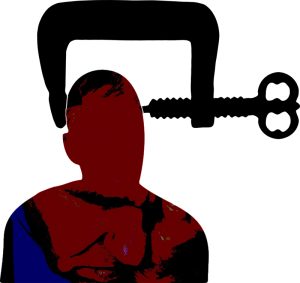 Illustration: eine Schraubenzwinge um einen Kopf, Stichwort chronische Schmerzen. (c) Pixabay.com