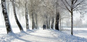 Ein Paar auf einem tief verschneiten Winterweg, Stichwort frieren. (c) Pixabay.com