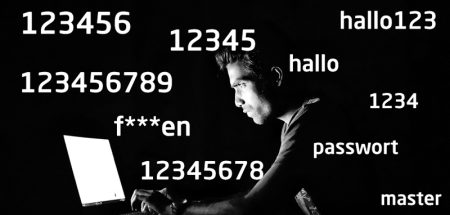 123456 – gut möglich, dass wir gerade «ihr» Passwort verraten haben Ein Mann vor einem Laptop, um ihn herum die Top Ten der Passörter im Internet. (c) HPI Hasso-Plattner-Institut