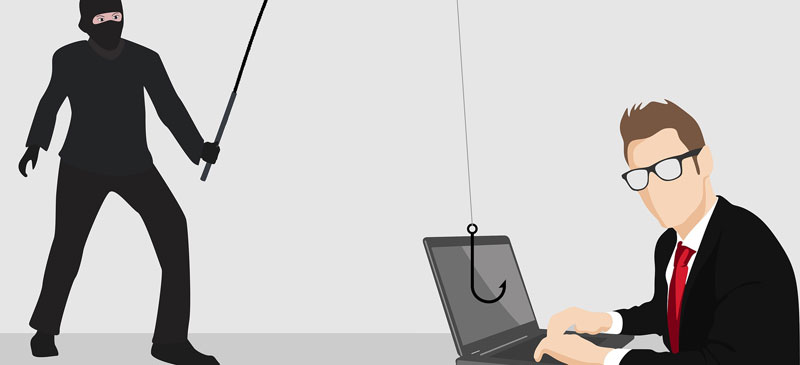 Illustration: Ein Räuber angelt nach dem Passwort eines an einem Laptop sitzenden Mannes. (c) Pixabay.com