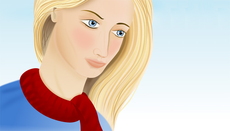 Grafik: eine blonde Frau mit rotem Schal und blauen Pullover, Stichwort ausgeräuspert. (c) Pixabay.com