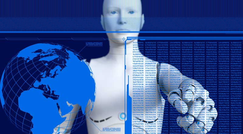 Illustration: Ein Cyborg-Roboter, der auf einen Bildschirm klickt, daneben eine Weltkugel, Stichwort smarte Systeme. (c) Pixabay.com