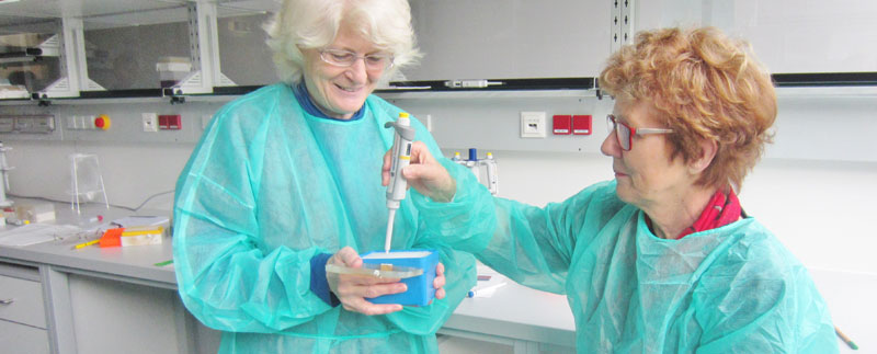 Zwei Seniorinnen an der SeniorInnen Uni Krems bei einem medizinischen Experiment. (c) IMC Fachhochschule Krems