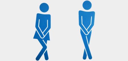 WC Schild mit Mann und Frau, die dringend auf die Toilette müssen. (c) Pixabay.com