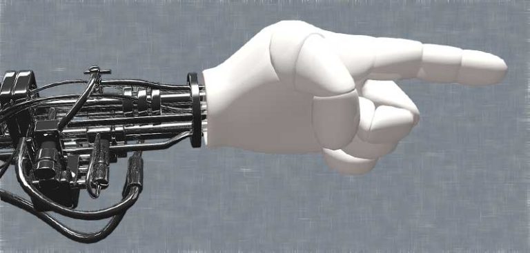 Ein Roboterarm, der mit dem Zeigefinger zeigt. (c) Pixabay.com
