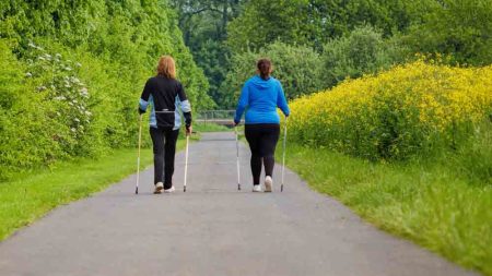 Zwei Frauen von hinten beim Nordic Walken. (c) Pixabay.com