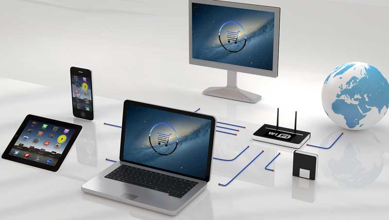 Ein Laptop, Handy, Router, Monitor, Tablet und eine Erdkugel. c) Pixabay.com