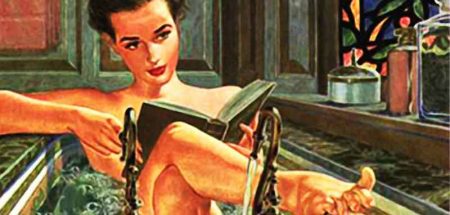 Ein altes Plakat aus den 1950ern: eine Frau mit einem Buch in der Hand in einer Badewanne. (c) Pixabay.com