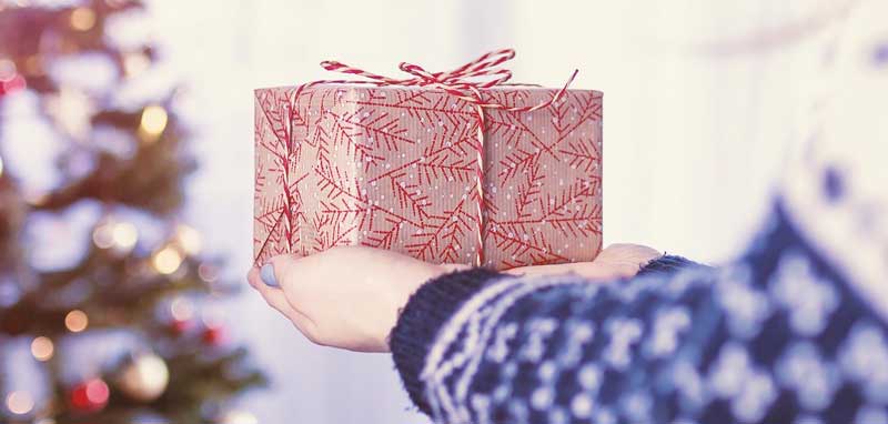 Die Hände einer Frau, die ein Weihnachtspäckchen hält; dahinter ein Weihnachtsbaum. (c) Pixabay.com