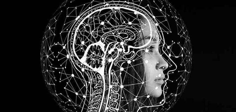 Das Profil eines Frauenkopfes, darüber elektronische Schaltkreise und schemenhaft das Gehirn. (c) Pixabay.com
