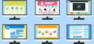 Online-Preissuchmaschinen – lässt sich damit wirklich Geld sparen? Grafik: sechs Monitore mit unterschiedlichen Screens. (c) Pixabay.com