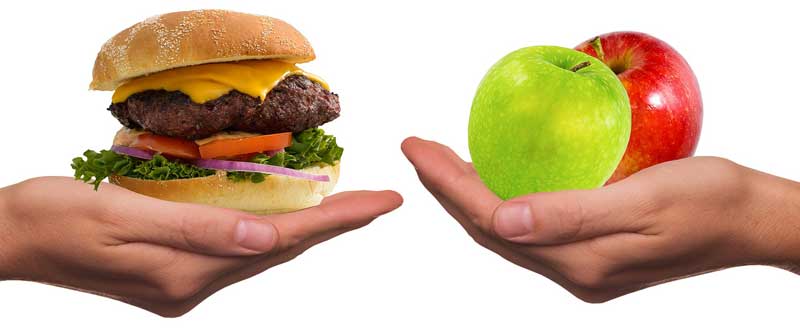Zwei Hände, in einer ein großer Burger, in der anderen zwei Äpfel, Stichwort abnehmen. (c) Pixabay.com
