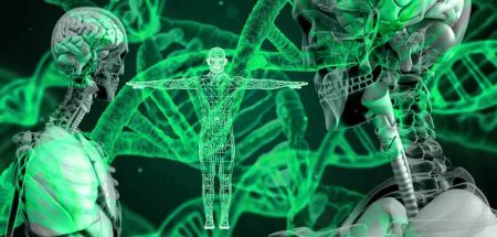 Illustration: DNA, Skelette, ein stilisierter Mensch mit ausgestreckten Armen. (c) Pixabay.com