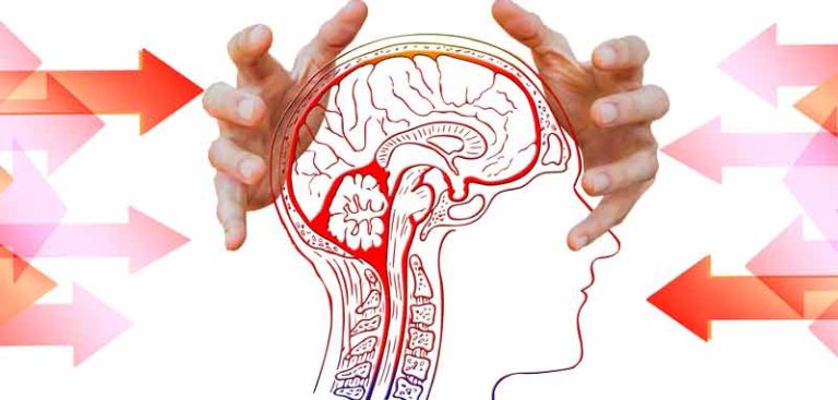 Illustration: Das Profil eines Kopfes, wo zwei Hände auf das Gehirn zugreifen; von links und rechts zeigen rote Pfeile in Richtung Kopf. (c) Pixabay.com
