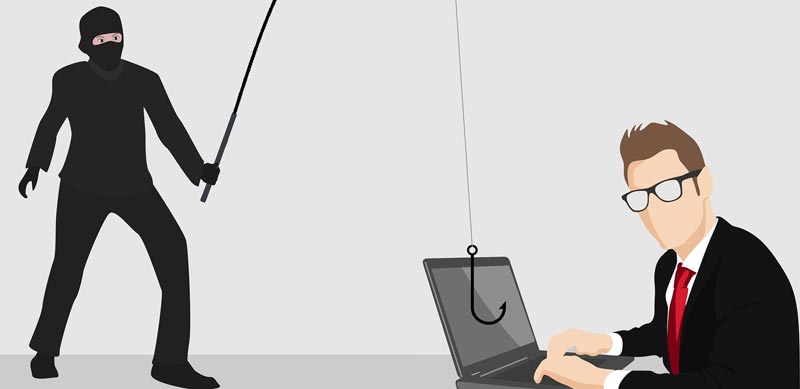 Grafik: ein Räuber, der mit einer Angel Informationen von einem Mann am Laptop "angelt", Stichwort Cyberkriminelle. (c) Pixabay.com
