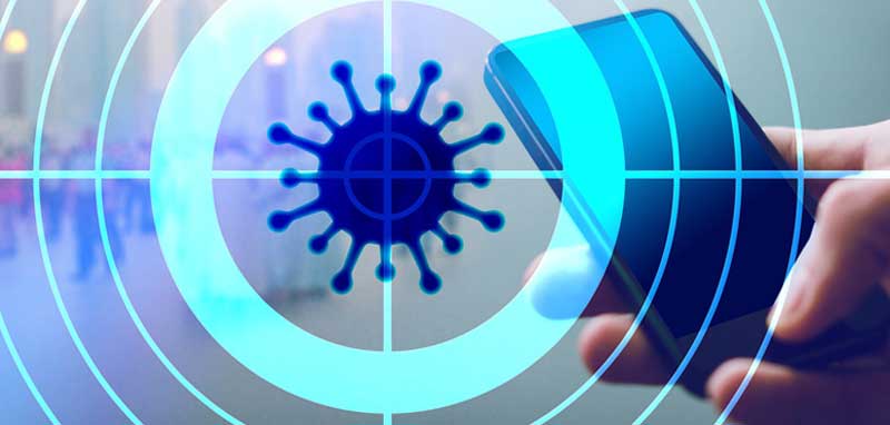 Grafik: eine Hand hält ein Smartphone, dahinter ein Coronavirus im Fadenkreuz. (c) Pixabay.com