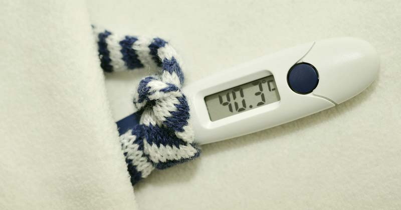 Ein Fieberthermometer mit einem kleinen Schal unter einer Decke, Stichwort Grippewelle.
(c) Pixabay.com