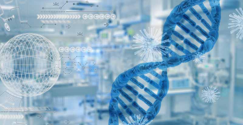 Illustration: eine DNA und Coronaviren, im Hintergrund ein Labor, Stichwort Corona-Glossar.
(c) Pixabay.com