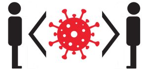 Grafik: links und rechts zwei Männchen, in der Mitte ein Coronavirus, umgeben von zwei Klammern. (c) Pixabay.com