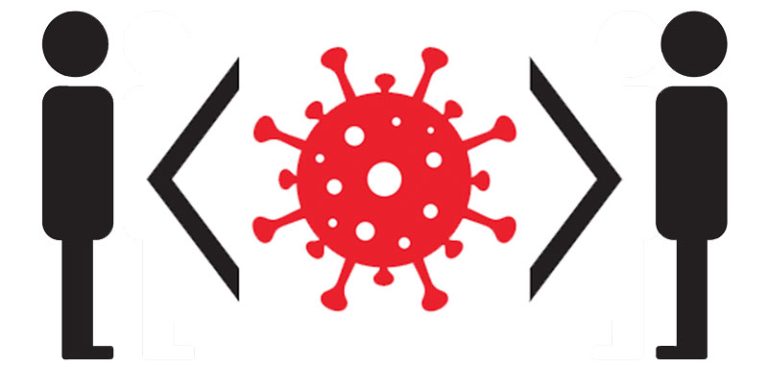 Grafik: links und rechts zwei Männchen, in der Mitte ein Coronavirus, umgeben von zwei Klammern. (c) Pixabay.com