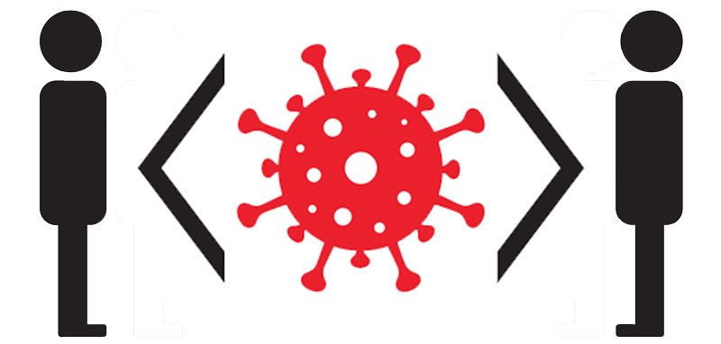 Grafik: links und rechts zwei Männchen, in der Mitte ein Coronavirus, umgeben von zwei Klammern. (c) Pixabay.com