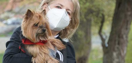 Eine Frau mit Mund-Nasen-Schutzmaske mit einem Hund am Arm. (c) Pixabay.com