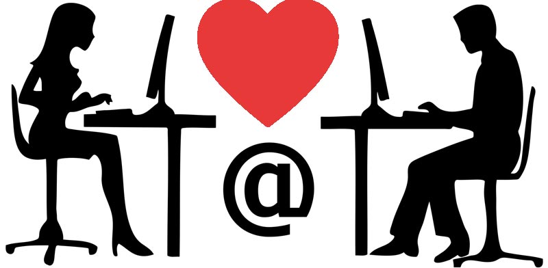 Illustration: ein Mann und eine Frau, die sich auf einem Schreibtisch gegenüber sitzen. In der Mitte ein rotes Herz und ein @-Zeichen, Stichwort Singles.
(c) Pixabay.com