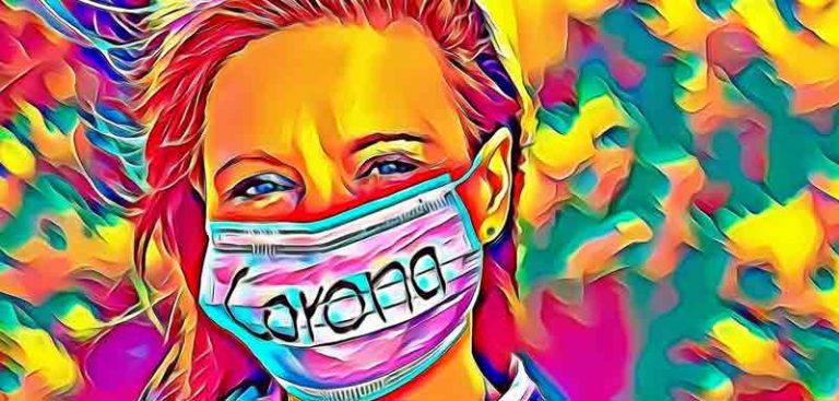 Illustration: eine Frau mit Mund-Nasen-Schutzmaske, auf der Corona steht; Pop-Art Farben. (c) Pixabay.com