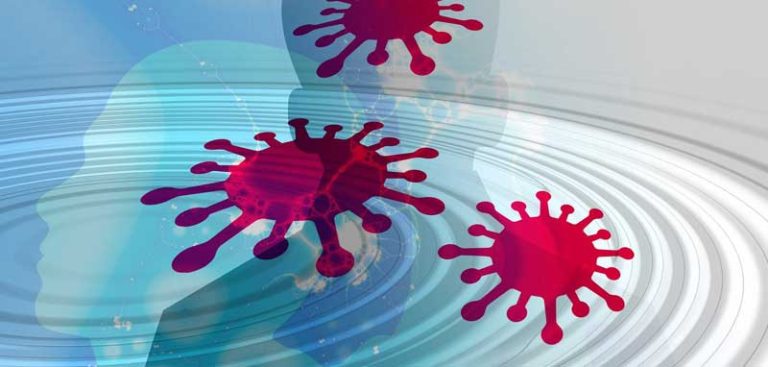 Illustration: Corona-Viren, im Hintergrund die Silhouette eines Kopfes. (c) Pixabay.com