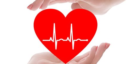 Ein Herz mit einer EKG-Linie, das von zwei Händen oben und unten "behütet" wird. (c) Pixabay.com