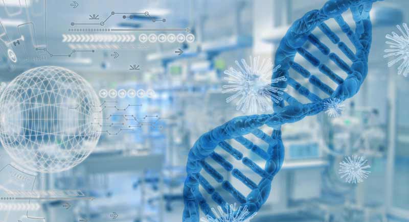 Illustration: eine DNA, Coronaviren und im Hintergrund ein medizinisches Labor.
(c) Pixabay.com
