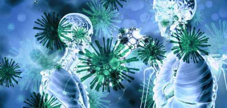 Illustration: Röntgenbilder von zwei Personen, die von Corona-Viren umgeben sind. (c) Pixabay.com