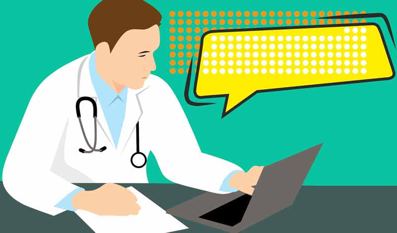 Illustration: ein Arzt in einer virtuellen Sprechstunde vor einem Laptop, Stichwort Lehren aus der Corona-Krise umsetzen.
(c) Pixabay.com