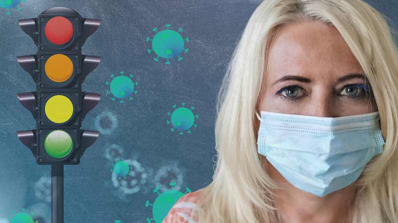 Nicht ohne meine Maske – Maßnahmen-Verschärfung gegen Corona 2 Eine Corona-Ampel, daneben der Kopf einer Frau mit Mund-Nasen-Schutzmaske.
(c) Pixabay.com