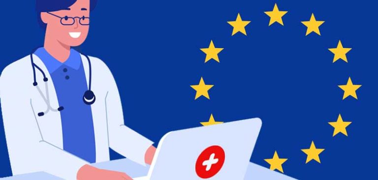 Illustration: eine Ärztin vor einem Laptop, im Hintergrund eine Europafahne mit den 12 gelben Sternen. (c) Pixabay.com