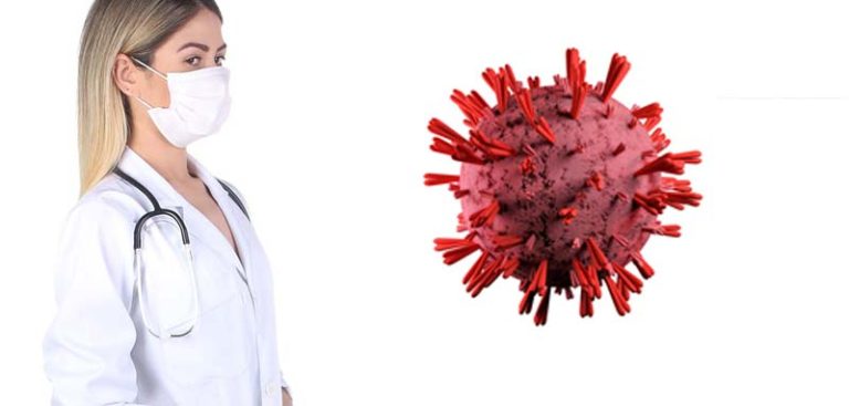 Eine Ärztin von der Seite, daneben ein großes Corona-Virus. (c) Pixabay.com