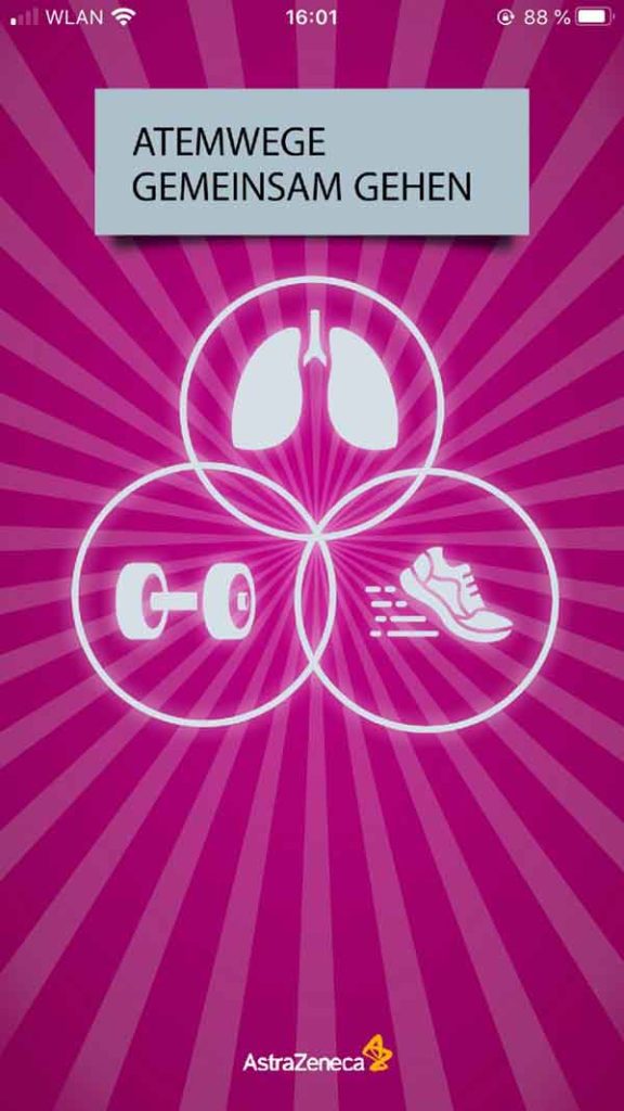 "Atemwege gemeinsam gehen" – Trainings-App für AsthmatikerInnen 1 Screenshot "Atemwege gemeinsam gehen"App, Stichwort Trainings-App.
(c) AstraZeneca GmbH