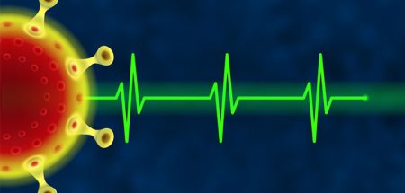 Illustration: ein Corona-Virus, von dem eine EKG-Linie wegführt. (c) Pixabay.com