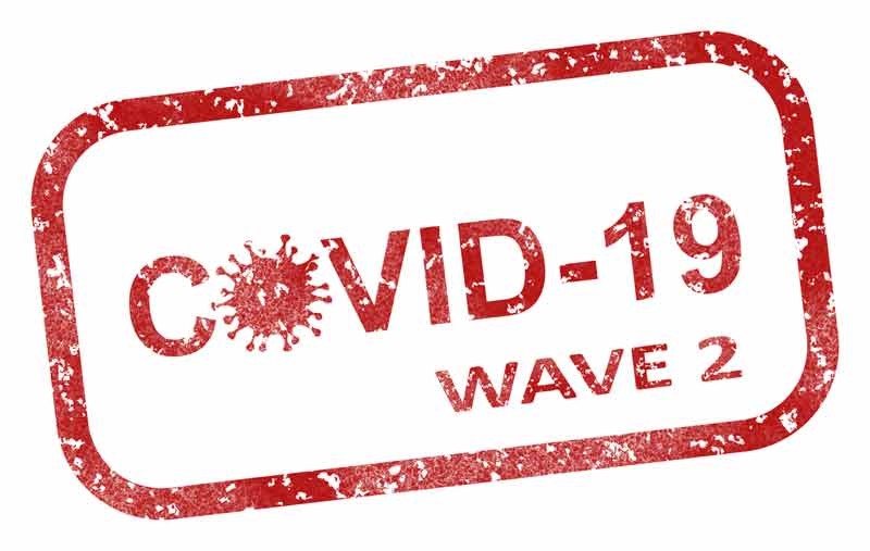 Schrift Covid-19 Wave 2 mit einem Corona-Virus an Stelle des Os.
(c) Pixabay.com