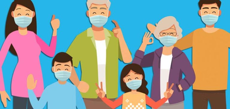Illustration: eine Familie mit Eltern, Großeltern und zwei Kindern mit Mund-Nasen-Schutzmaske. (c) Pixabay.com