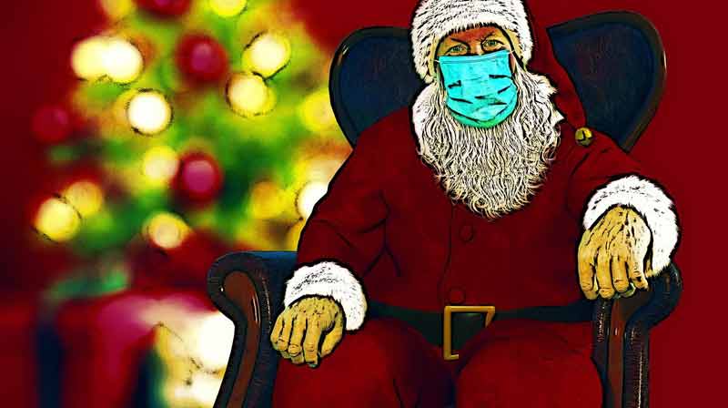 Illustration: ein Weihnachtsmann mit einer Mund-Nasen-Schutzmaske, Stichwort Weihnachten und Corona.
(c) Pixabay.com