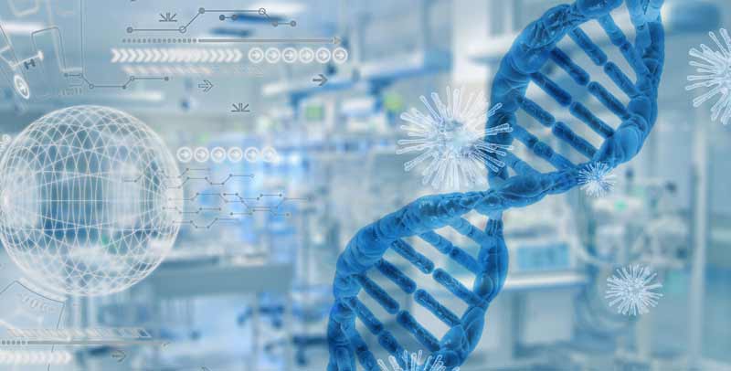 Eine DNA und Viren vor einem Labor im Hintergrund.
(c) Pixabay.com