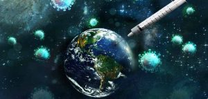 Covid-19-Impfstoff: Infos zum ersehnten ‚Licht am Ende des Tunnels‘ Eine Weltkugel, um die Corona-Viren schwirren und die geimpft wird. (c) Pixabay.com