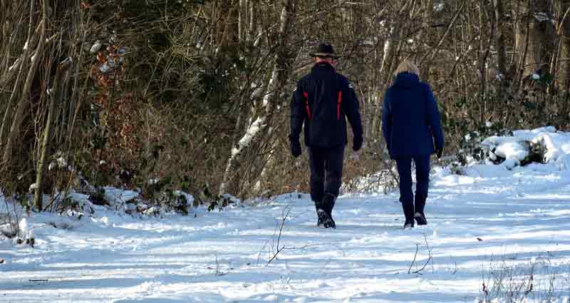 Weihnachten 2020 – Tipps für schöne Feiertage trotz Lockdown & Co. 2 Ein Mann und eine Frau auf einem verschneiten Weg beim Spazierengehen.
(c) Pixabay.com