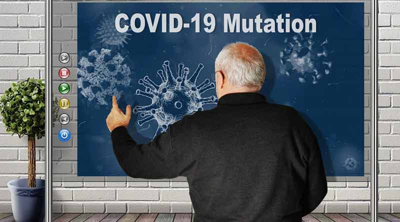 Ein Mann steht vor einer Tafel mit der Überschrift Covid-19 Mutation, Stichwort B.1.351.
(c) Pixabay.com