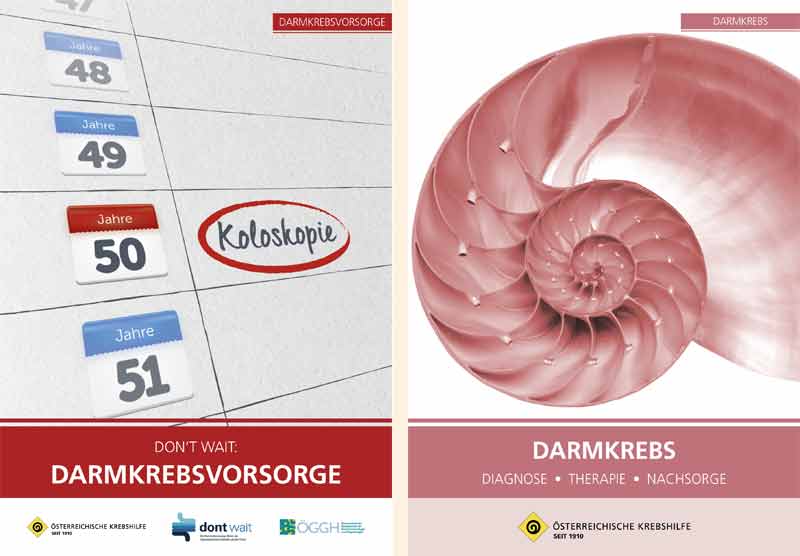 Die Cover der Broschüren "Darmkrebsvorsorge" und "Darmkrebs".
(c) Österreichische Krebshilfe