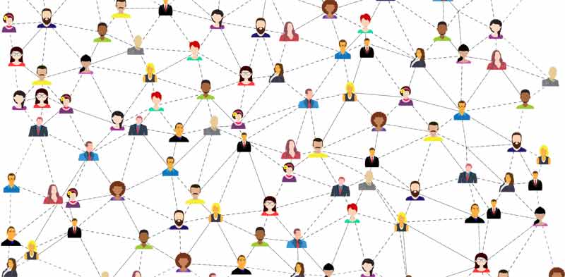 Grafik: unzählige Icons von Personen, die miteinander vernetzt sind, Stichwort Social Media Guide.
(c) Pixabay.com