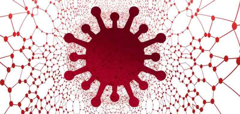 Grafik: ein Corona-Virus, dahinter ein Netzwerk, das die Ausbreitung visualisiert. (c) Pixabay.com